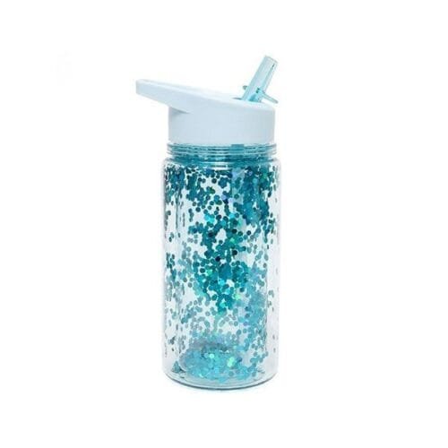 Botella con pajita de purpurina azul