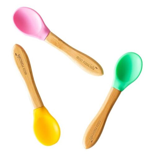 Pack de tres cucharas de bambú amarillo, rosa y verde