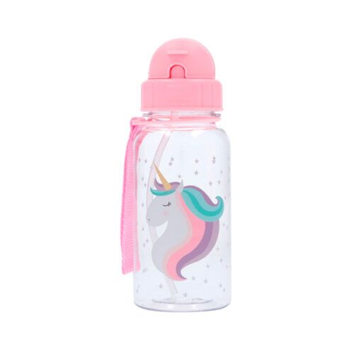 Botella de unicornio rosa con pajita