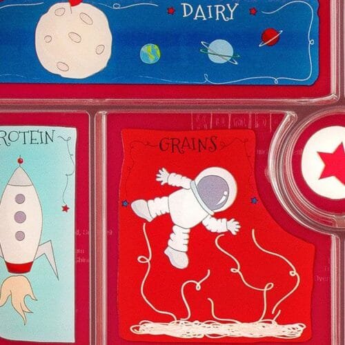 Nueva Yumbox original color rojo con dibujos de cohetes y espacio