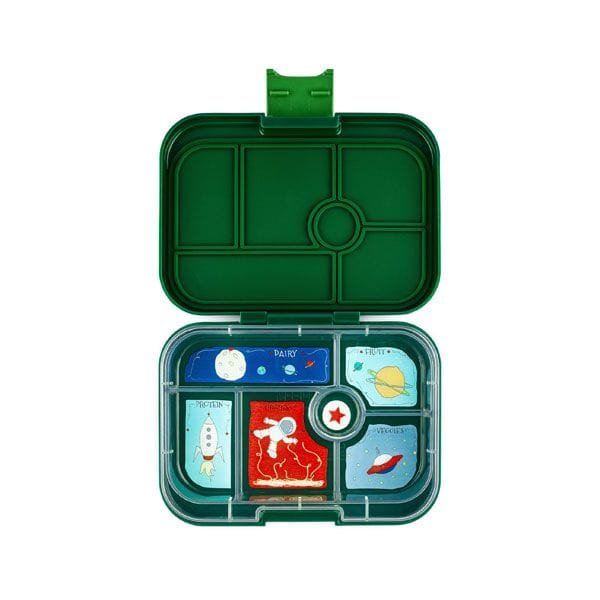 Nueva Yumbox original color verde con dibujos de cohetes y espacio